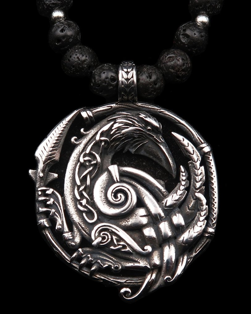 乌鸦项链-奥丁的神谕：清晰的视野与心灵保护 - 银色扣环与珠子 - 吊墜頸鏈 #1.0