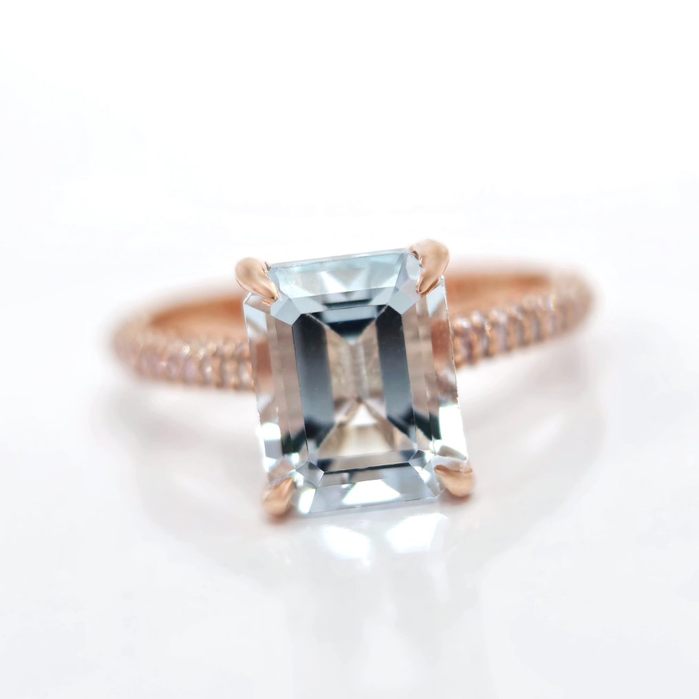2.60 ct Light Blue Aquamarine & 0.82 ct Light Pink Diamond Ring - 2.84 gr - Ring - 14 karat Rosegull Akvamarin #1.2