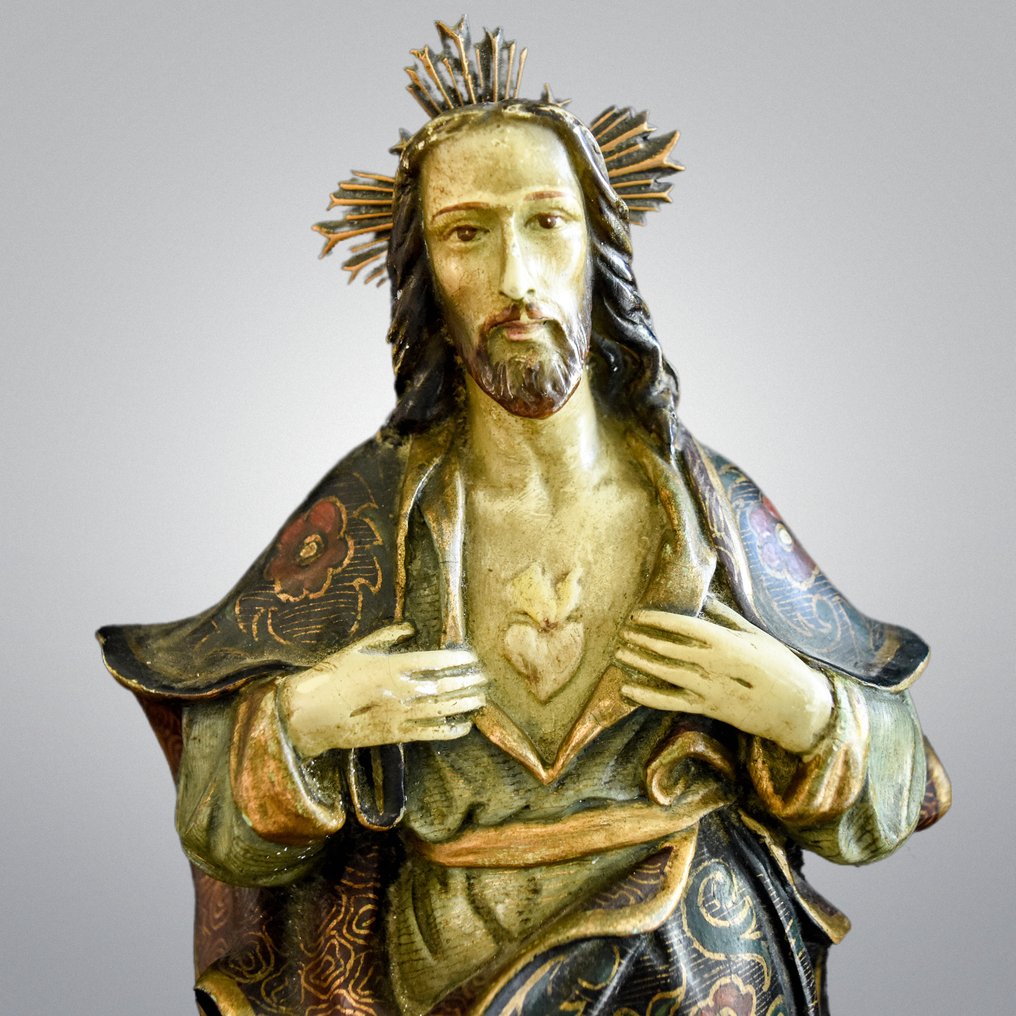 sculptuur, Sagrado Corazón de Jesús - 49 cm - Met de hand beschilderde houtpulp #1.2