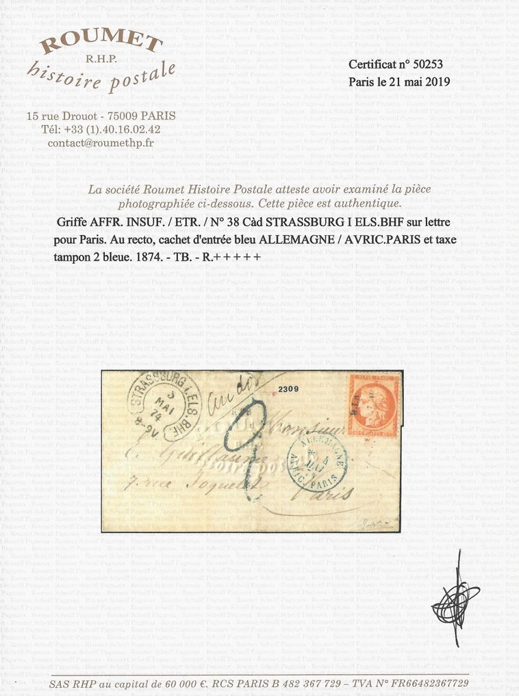 Frankreich 1874 - Außergewöhnliches Porto für Briefe in besetzte Gebiete - Yvert et Tellier n°38 #2.2