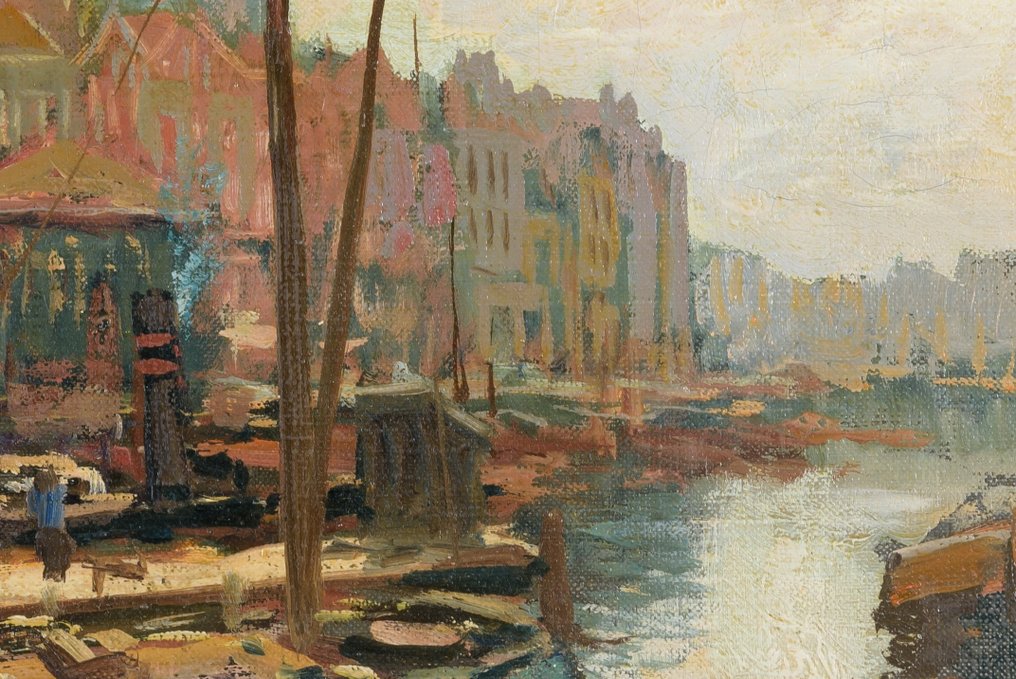 Kees Terlouw (1890-1948) - Moored boats with a view over the St.-Nikolaaskerk and the Scheierstoren in Amsterdam #2.1