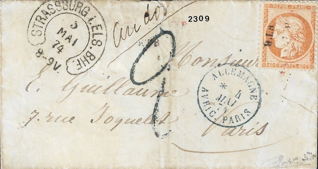 France 1874 - Exceptionnel affranchissement sur lettre à destination des territoires occupés - Yvert et Tellier n°38 #1.1