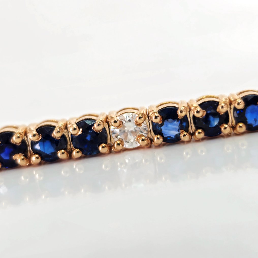 8.05 Blue Sapphire & 0.75 ct Faint Pink Diamond Tennis Bracelet - 11.74 gr - Tennis armbånd - 14 karat Rosegull Safir #2.1