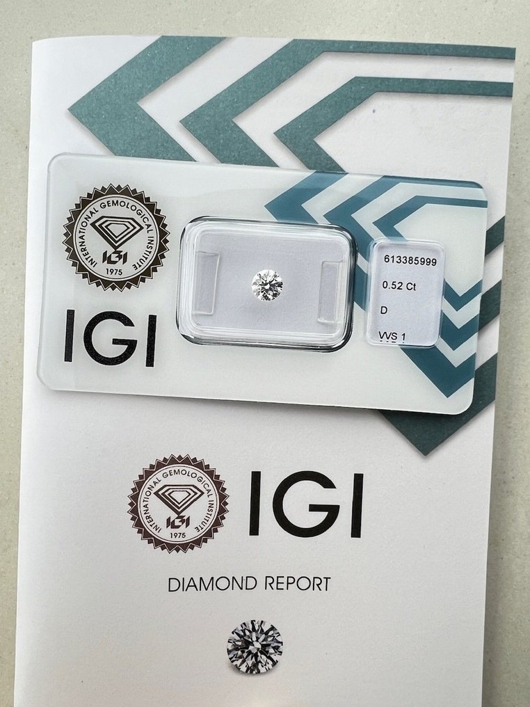 1 pcs Diamond  (Natural)  - 0.52 ct - Round - D (colourless) - VVS1 - International Gemological Institute (IGI) #1.1