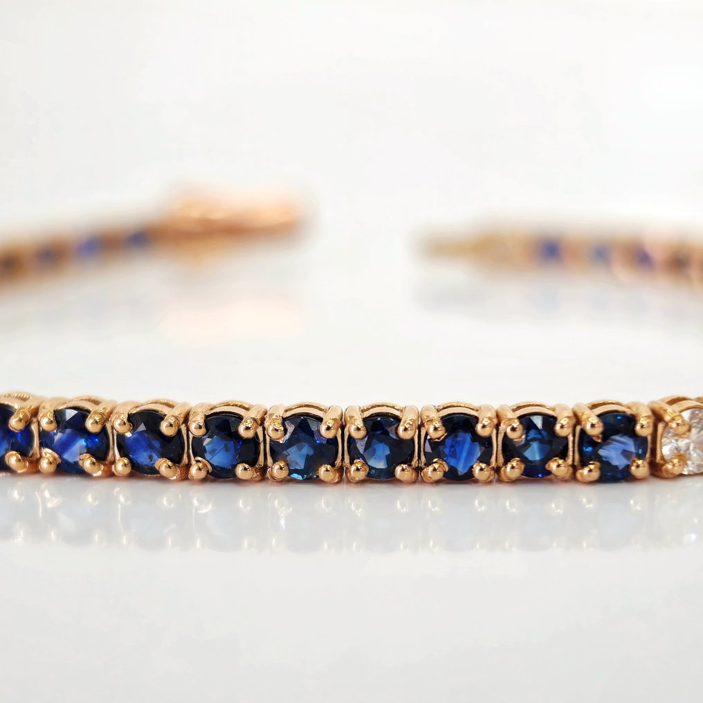 8.05 Blue Sapphire & 0.75 ct Faint Pink Diamond Tennis Bracelet - 11.74 gr - Tennisarmbånd - 14 karat Rosaguld Safir #1.2
