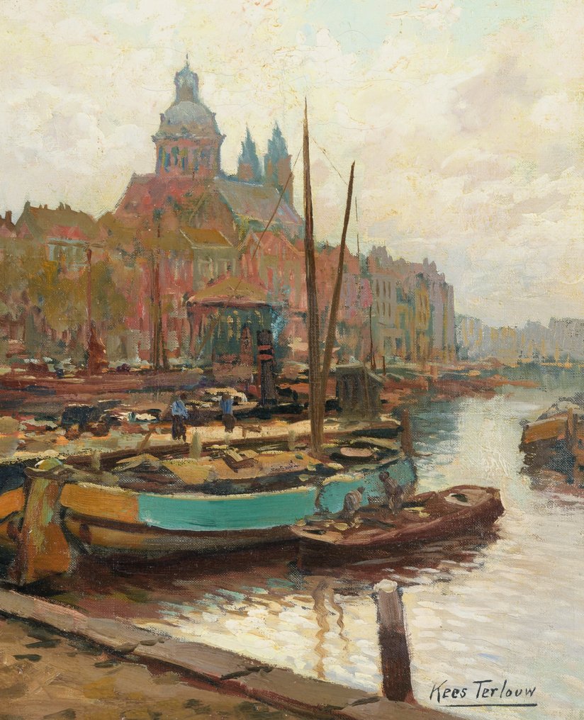 Kees Terlouw (1890-1948) - Moored boats with a view over the St.-Nikolaaskerk and the Scheierstoren in Amsterdam #1.1