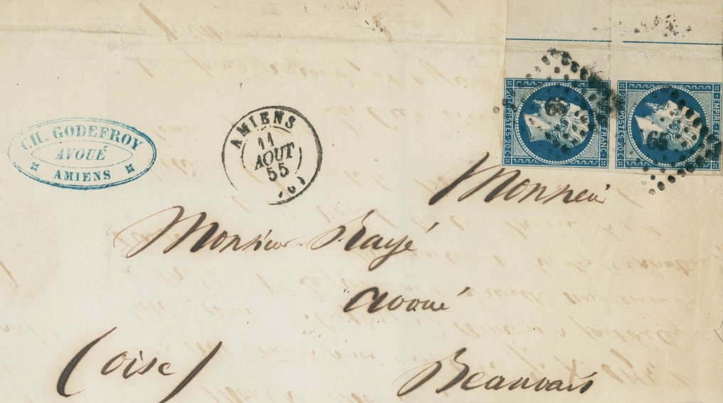 Francia 1855 - Muy raro, Empire, 20 céntimos, par de filetes de marco sin perforar en ambos sellos - Yvert et Tellier n°14 #2.1