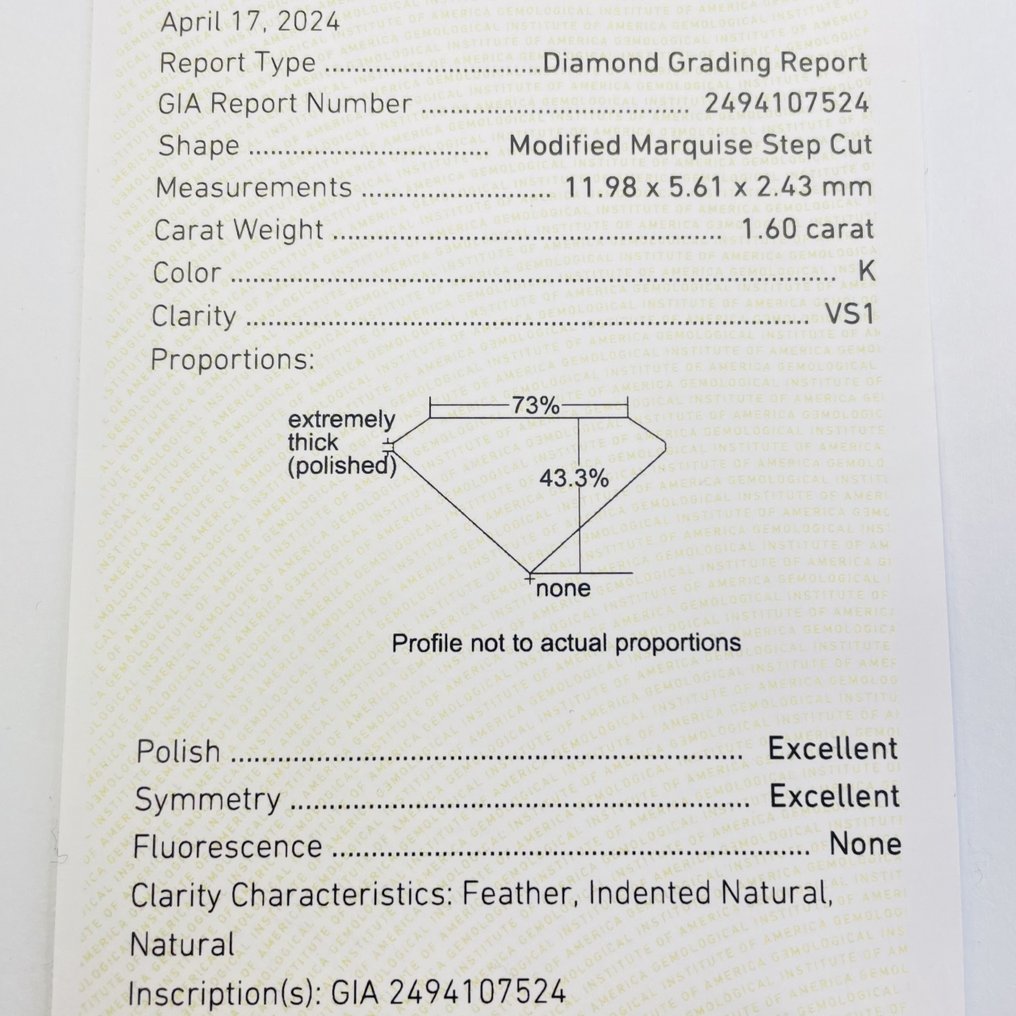 1 pcs Diamante  (Naturale)  - 1.60 ct - K - VS1 - Gemological Institute of America (GIA) #1.2
