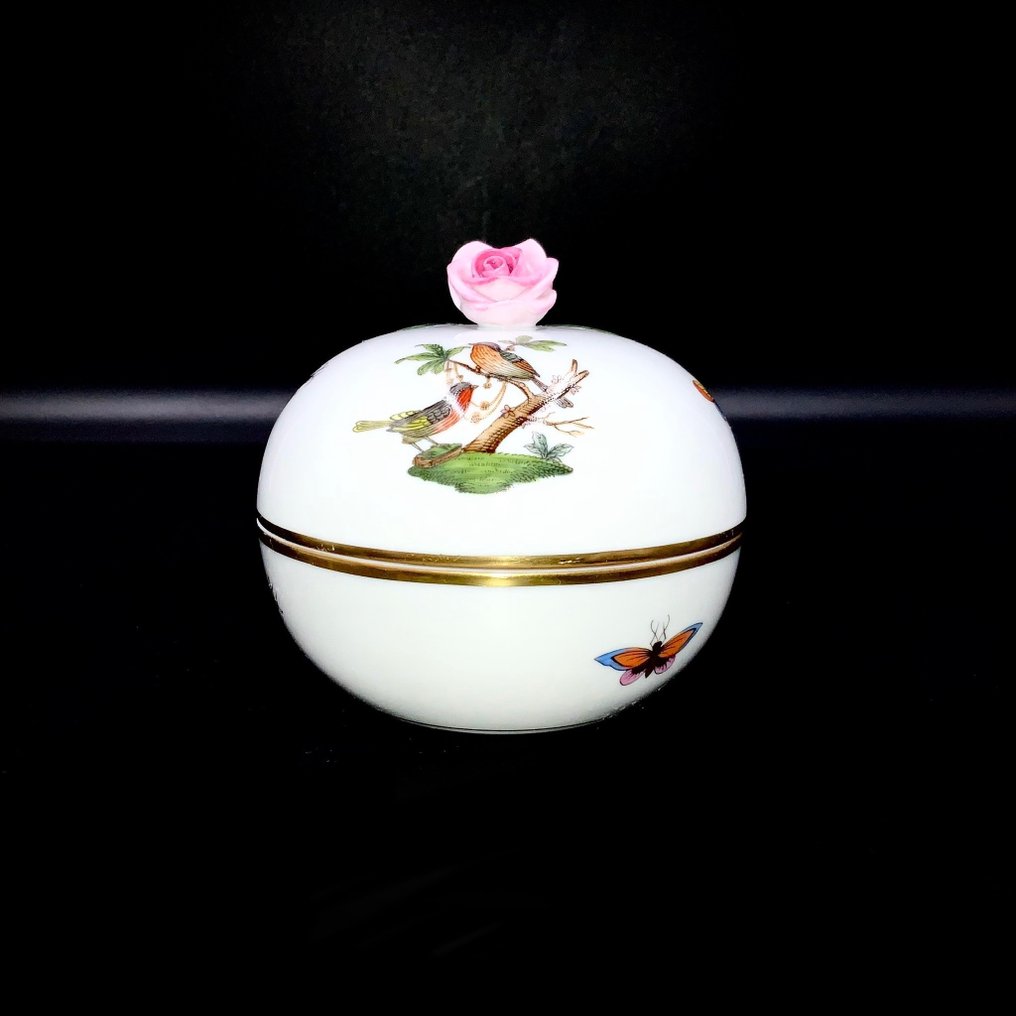 Herend - Artwork Round Jewelry Holder/Box - "Rothschild Bird" Pattern - Fad - Håndmalet porcelæn #1.2