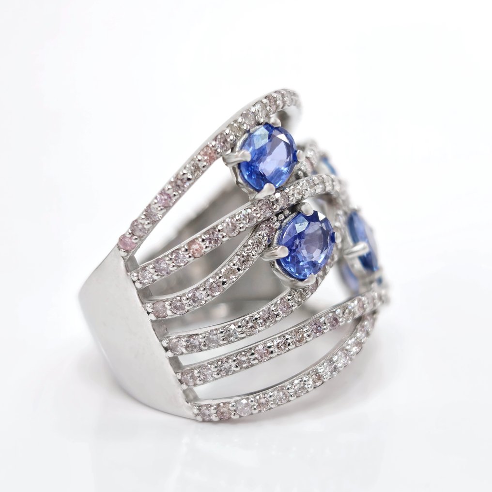 2.00 ct Blue Sapphire & 1.10 ct Light Pink Diamond Ring - 6.49 gr - Ring - 14 kt Weißgold Saphir  #2.1