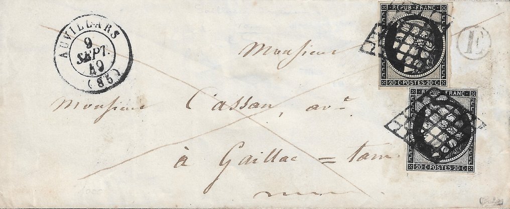 France 1849 - 20 centimes noir sur jaune et noir sur blanc sur lettre avec boite rurale E - Yvert et Tellier n°3 +3a #1.1