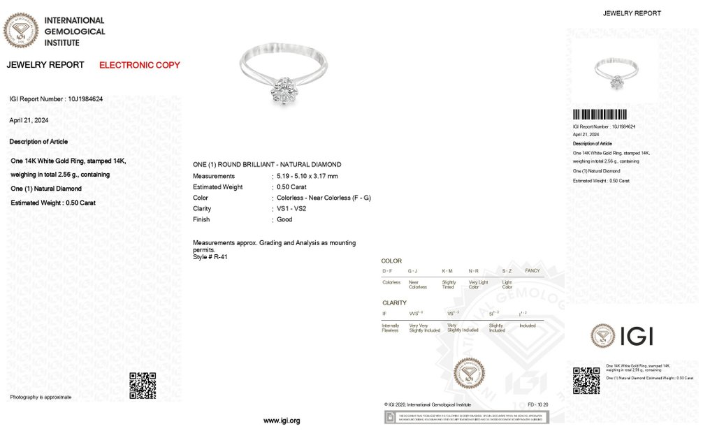 Anel de noivado - 14 K Ouro branco -  0.50ct. tw. Diamante  (Natural) #3.2