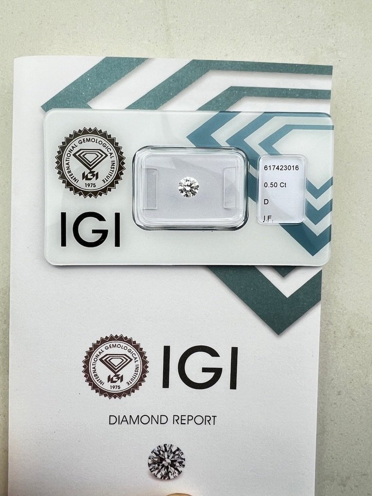 1 pcs Diamante  (Naturale)  - 0.50 ct - Rotondo - D (incolore) - IF - International Gemological Institute (IGI) #1.1