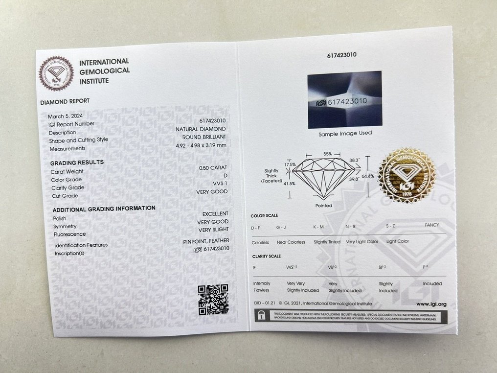Diamante  (Natural)  - 0.50 ct - Redondo - D (incolor) - VVS1 - International Gemological Institute (IGI) #2.1