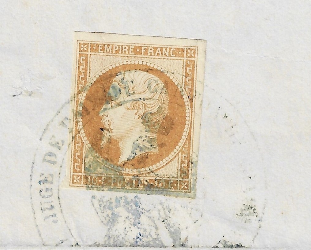 France 1860 - Unique, Empire 10 centimes unserrated bistre canceled blue stamp of the justice of the peace - Yvert et Tellier n°13 #2.1