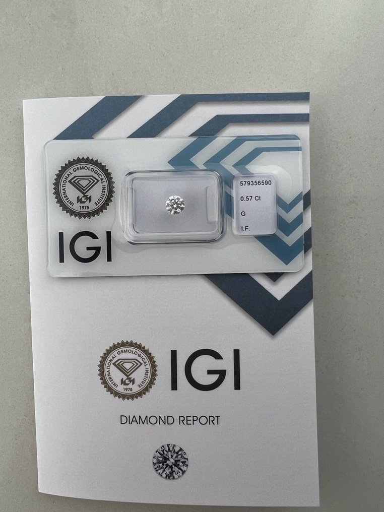 1 pcs Gyémánt  (Természetes)  - 0.57 ct - Kerek - G - IF - Nemzetközi Gemmológiai Intézet (IGI) #1.1