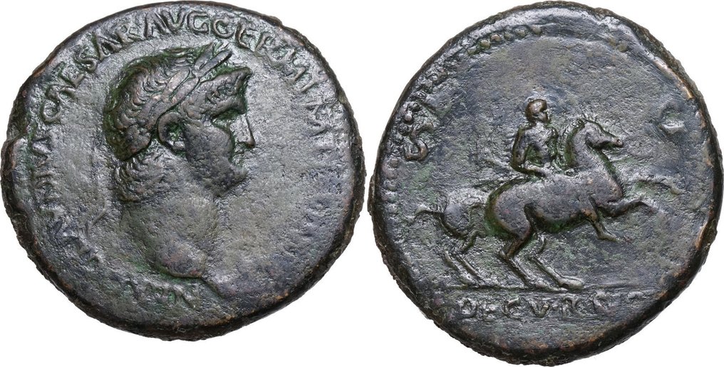 Imperio romano. Nerón (54-68 d.C.). Sestertius Rom, Kaiser und Soldat zu Pferd, DECVRSIO #1.1