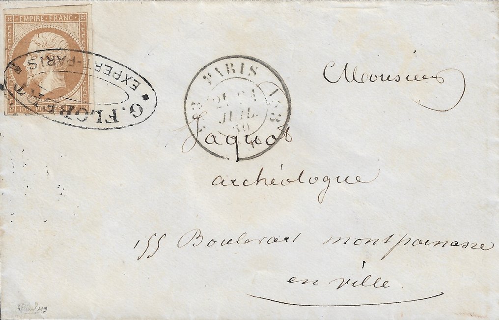 France 1860 - Unique, Empire 10 centimes bistre non dentelé oblitéré cachet privé - Yvert et Tellier n°13 #1.1