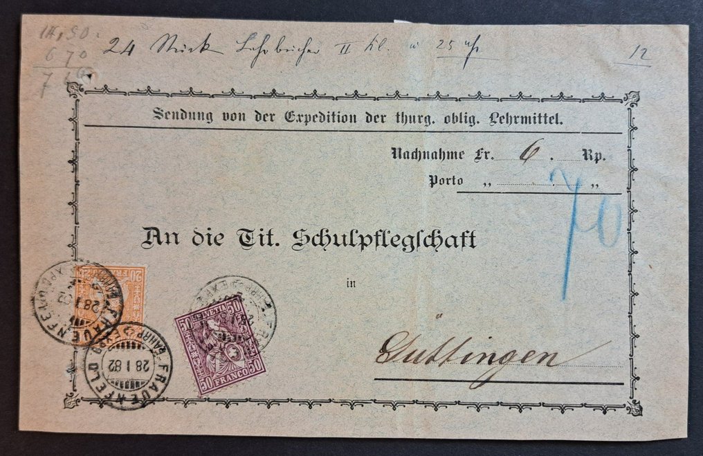 Schweiz 1882/1882 - SBK 48 & 51, Faserpapier auf Nachnahme Paketkarte - SBK 48 & 51 #1.1