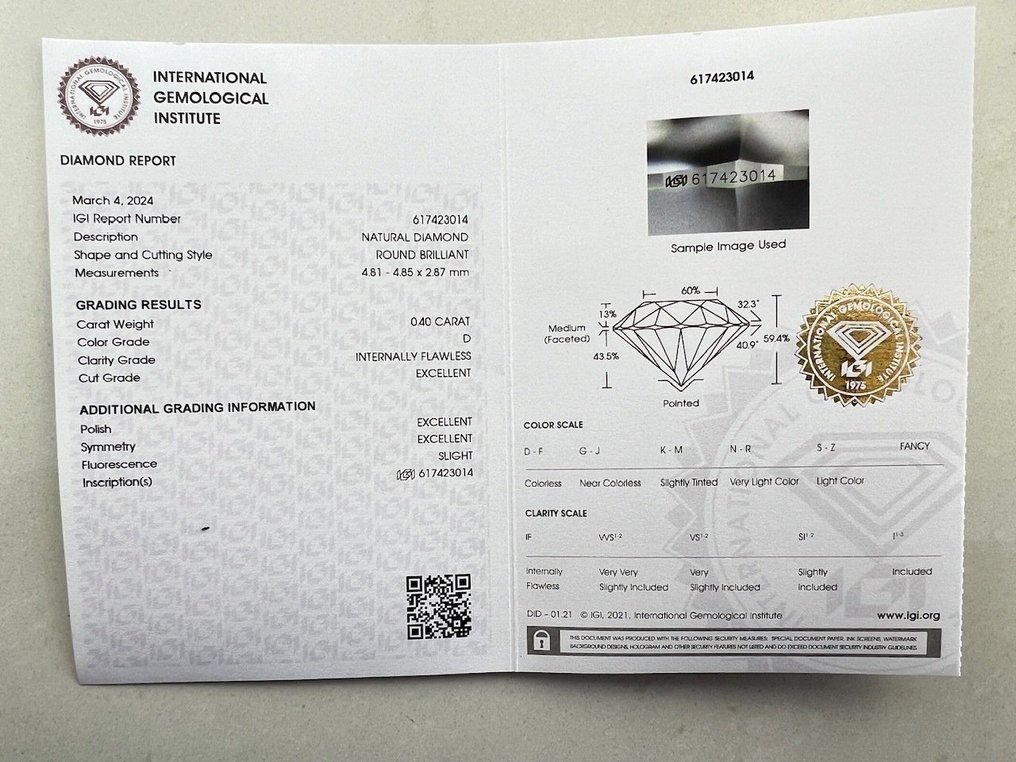 Diamante  (Natural)  - 0.40 ct - Redondo - D (incolor) - IF - International Gemological Institute (IGI) #2.1