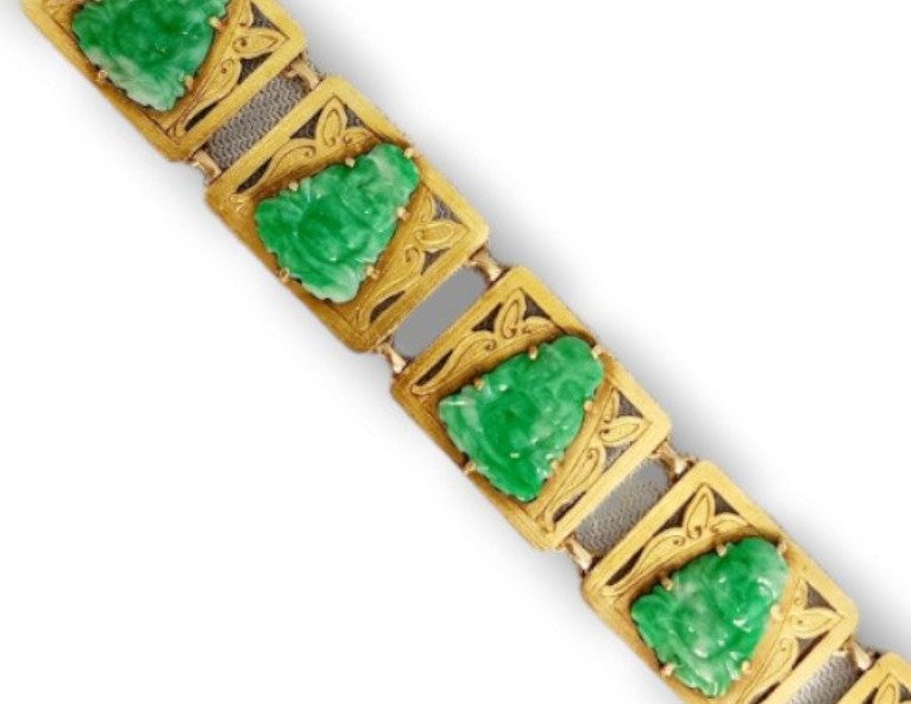 Bracelete Pulseira vintage de ouro 14k e jade verde 28 gramas com motivo chinês Jade #1.1