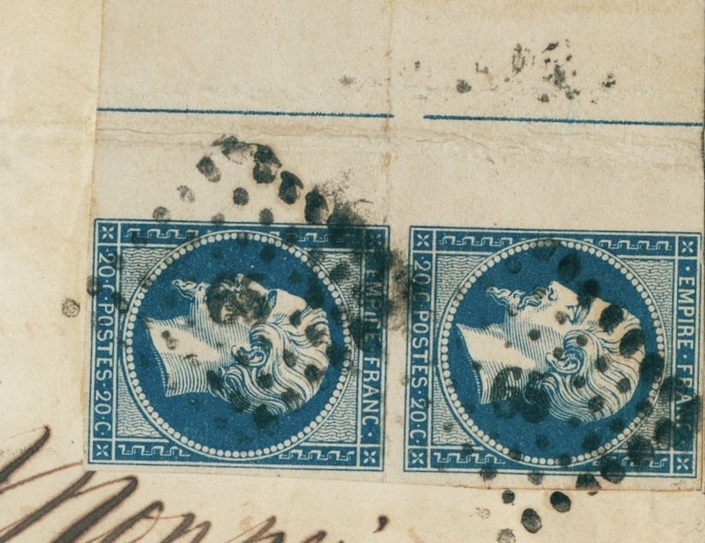 Franța 1855 - Foarte rar, Empire 20 de centi pereche de fileuri de încadrare neperforate pe ambele timbre - Yvert et Tellier n°14 #1.1
