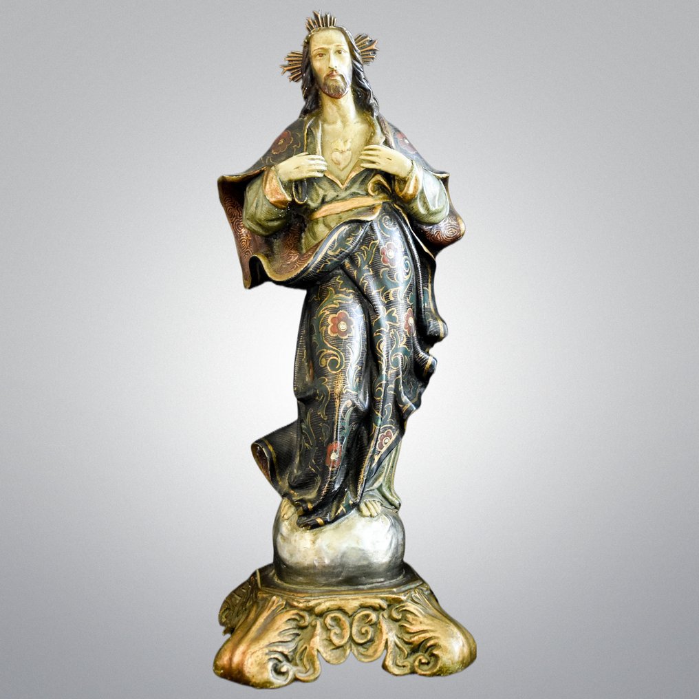 sculptuur, Sagrado Corazón de Jesús - 49 cm - Met de hand beschilderde houtpulp #1.1