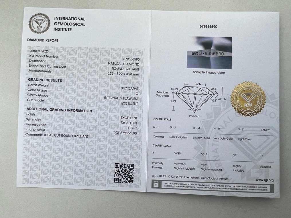 1 pcs Diamant  (Naturlig)  - 0.57 ct - Rund - G - IF - Det internasjonale gemologiske institutt (IGI) #2.1