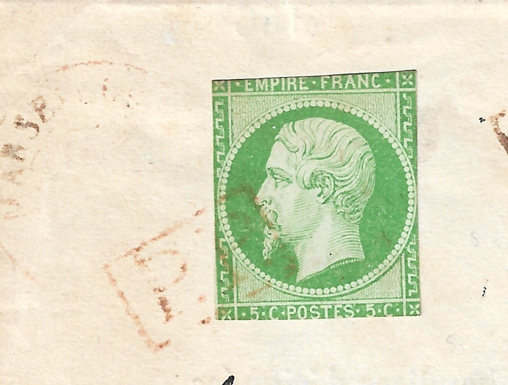 France 1864 - Unique, Empire 5 centimes green non-perforated cut anti-empire canceled PP red - Yvert et Tellier n°12 #2.1