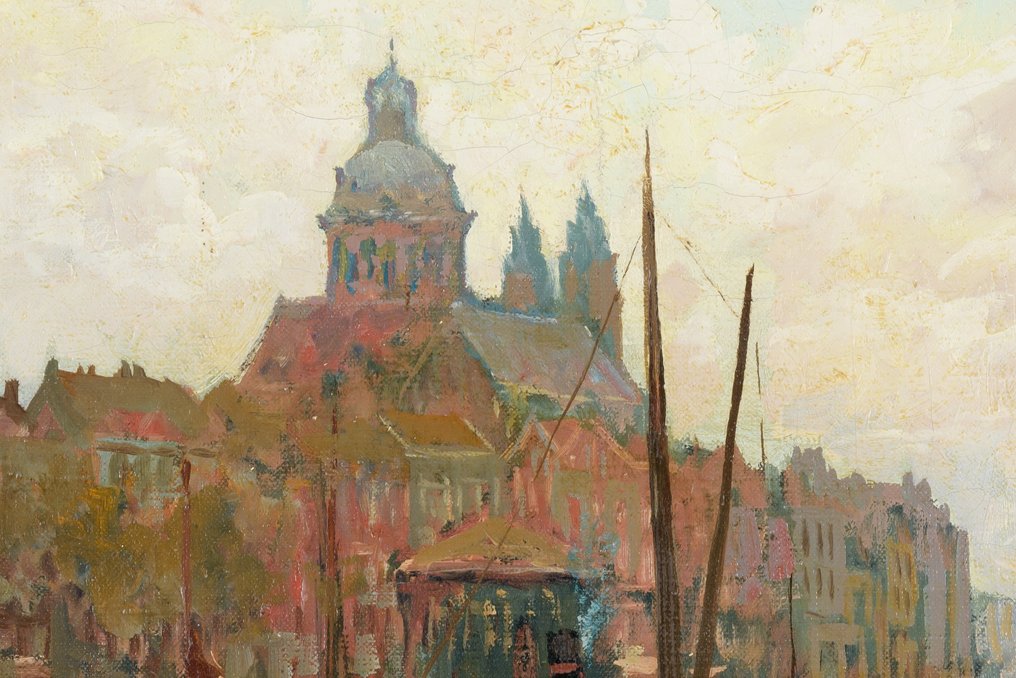 Kees Terlouw (1890-1948) - Moored boats with a view over the St.-Nikolaaskerk and the Scheierstoren in Amsterdam #1.3