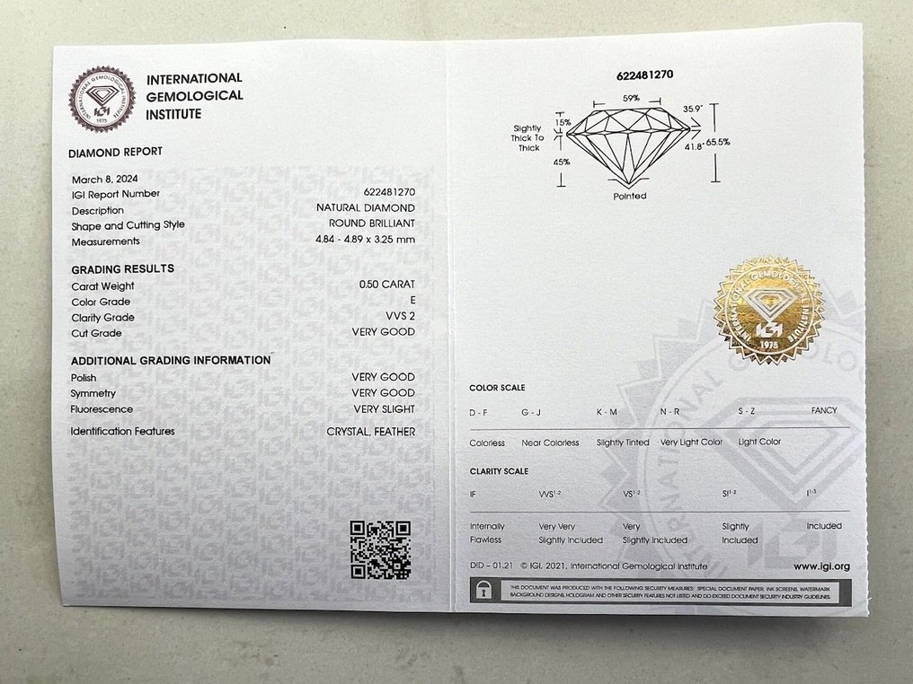 1 pcs Diamant  (Natur)  - 0.50 ct - E - VVS2 - International Gemological Institute (IGI) #2.1