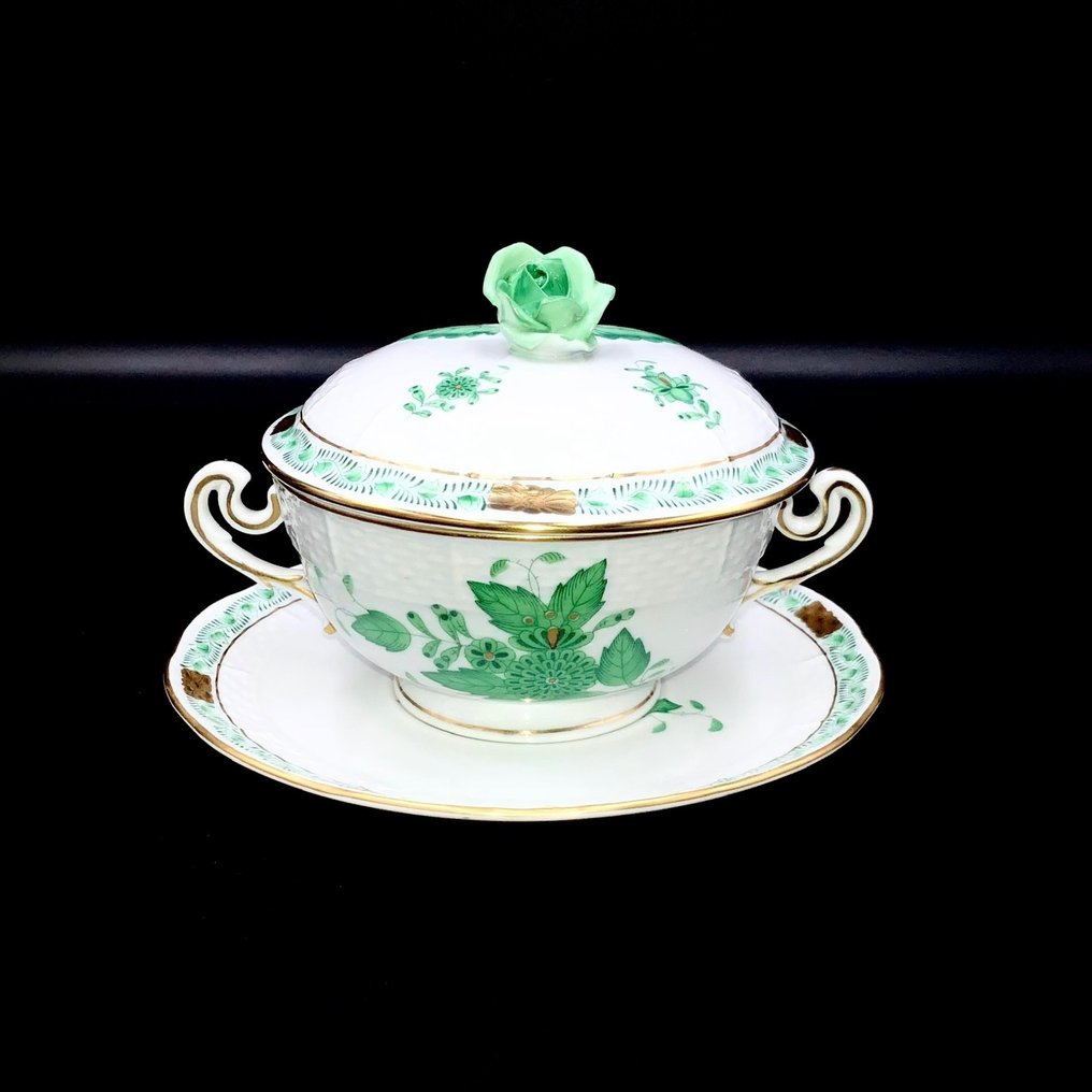 Herend - Soup Cup with Rose Knob Lid and Saucer - "Chinese Apponyi Green" - Bol de supă - Porțelan pictat manual #1.1