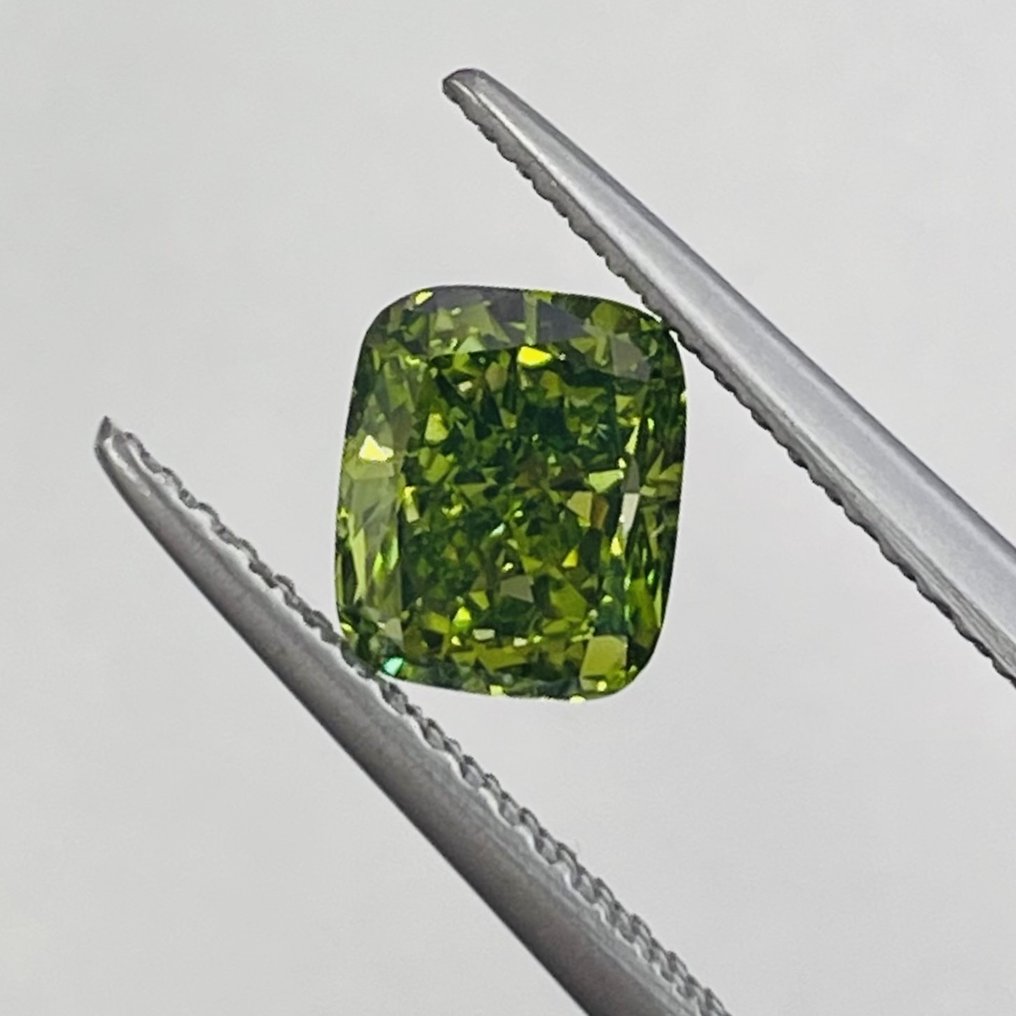 1 pcs Gyémánt  (Színkezelt)  - 1.25 ct - Párna - Fancy deep Sárga Zöld - SI1 #1.2