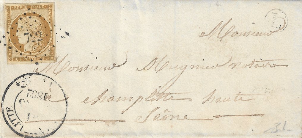 France 1852 - Superbe 10 centimes bistre sur lettre avec boite rurale L - Yvert et Tellier n°1 #1.1