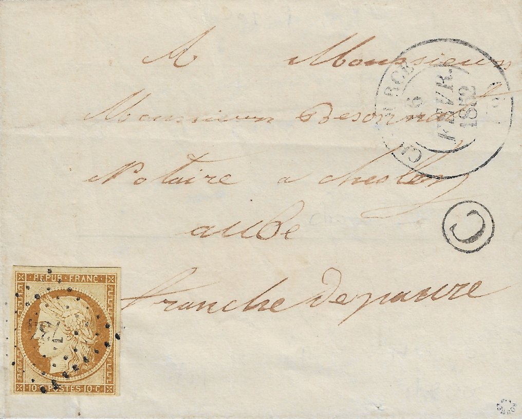 Γαλλία 1852 - Υπέροχα 10 bistre centimes σε γράμμα με αγροτικό κουτί C - Yvert et Tellier n°1 #1.1