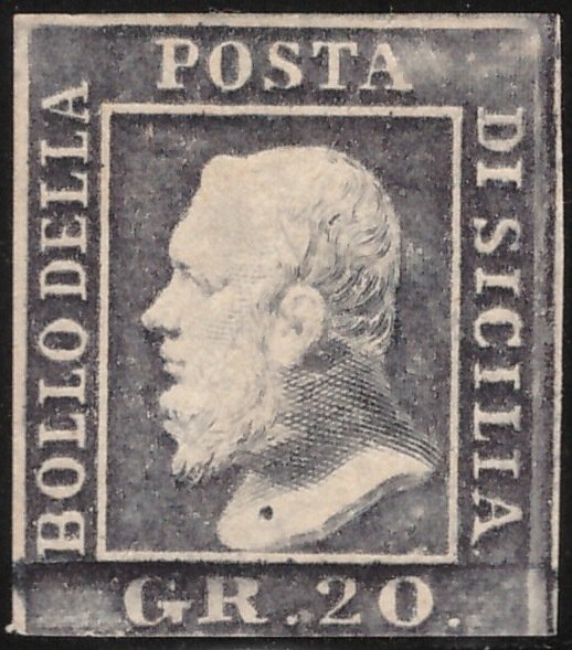 Antichi Stati italiani - Sicilia 1859 - 20 gr 13d ardesia violaceo gomma integra TL - Sassone 13d #1.1