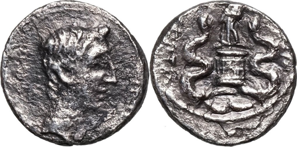 Cesarstwo Rzymskie. Oktawian. Quinarius Rom, Victoria auf CISTA MYSTICA, hält Kranz und Palmzweig, SCHLANGEN #1.1