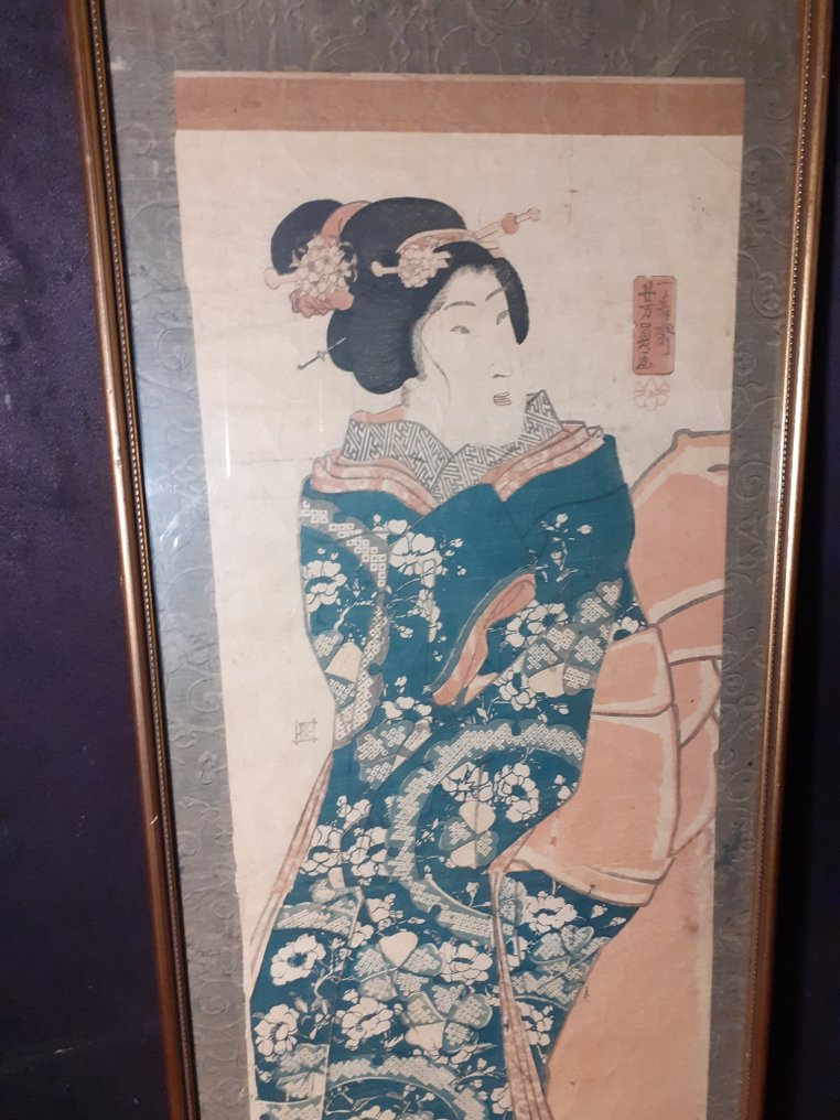 Original loddrett diptyk med treblokktrykk - Kvinne i blått og grønt kimono - ca 1850-tallet - Utagawa Yoshikazu (act. 1848-1870) - Japan - Edo-perioden (1600-1868) #2.1