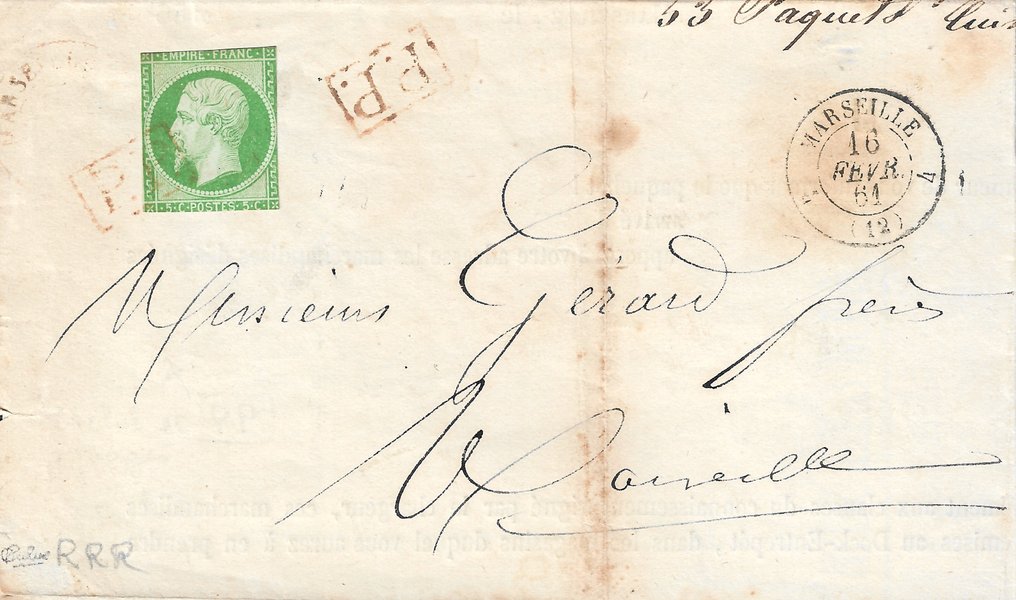 France 1864 - Unique, Empire 5 centimes green non-perforated cut anti-empire canceled PP red - Yvert et Tellier n°12 #1.1