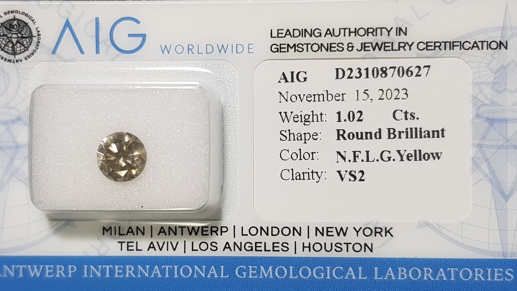 1 pcs Gyémánt  (Természetes színű)  - 1.02 ct - Kerek - Fancy light Szürke Sárga - VS2 - Antwerpeni Nemzetközi Gemmológiai Laboratóriumok (AIG Israel) #2.1