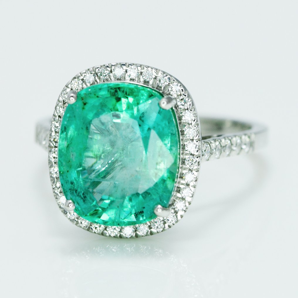 Ring Platin -  5.30ct. tw. Smaragd - Diamant - Smaragd Halo Ring #2.1