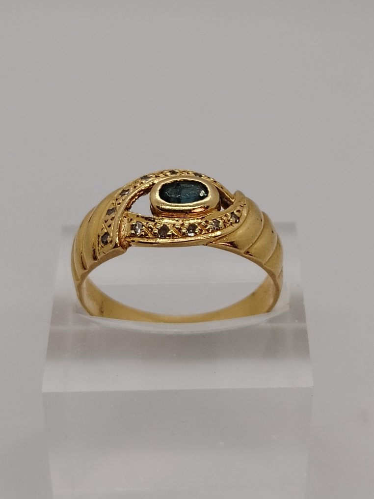 Ring - 18 kt. Yellow gold -  0.11ct. tw. Diamond - Sapphire #1.1