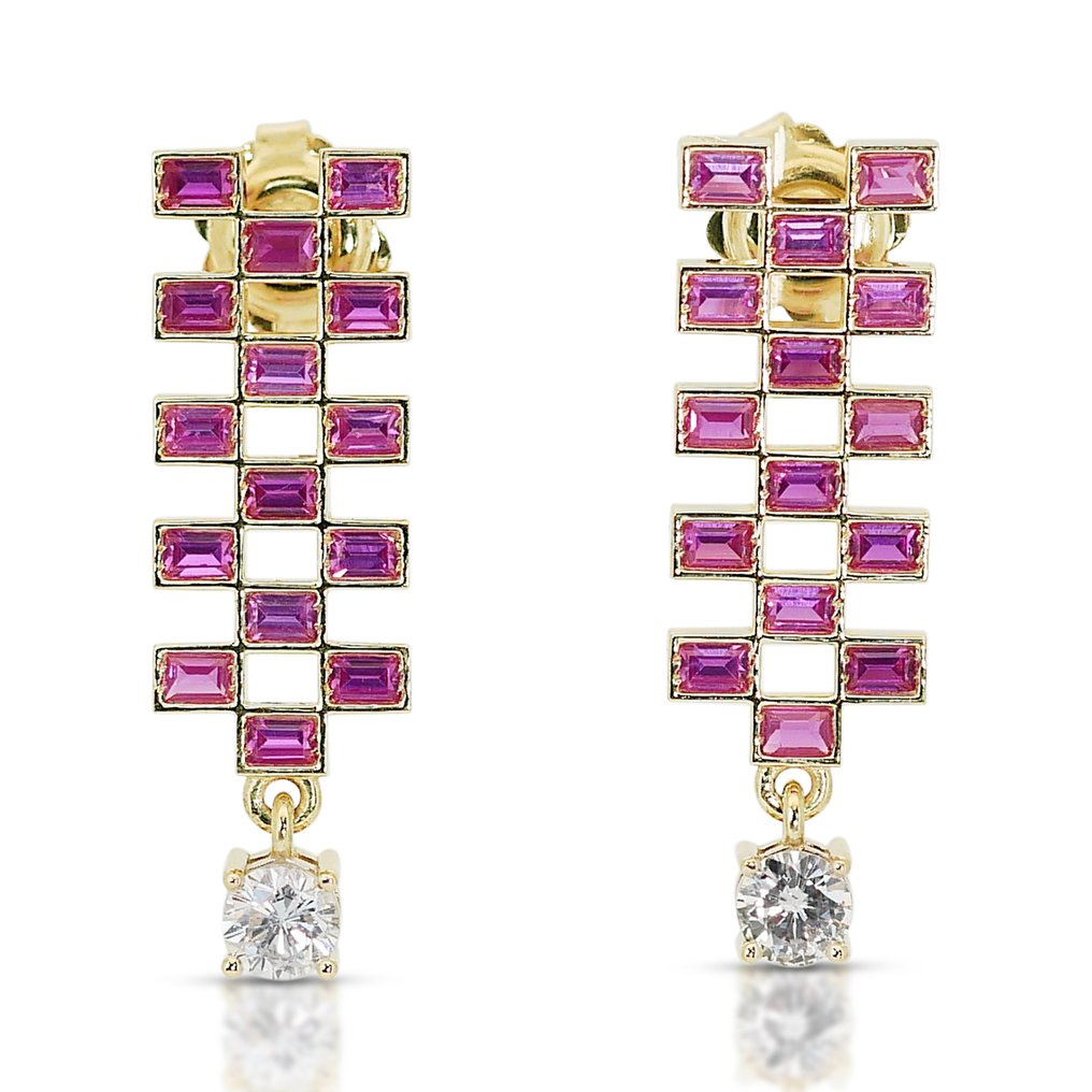 Earrings - 14 kt. Yellow gold -  1.90ct. tw. Diamond  (Natural) - Ruby - Art Deco Style #1.1
