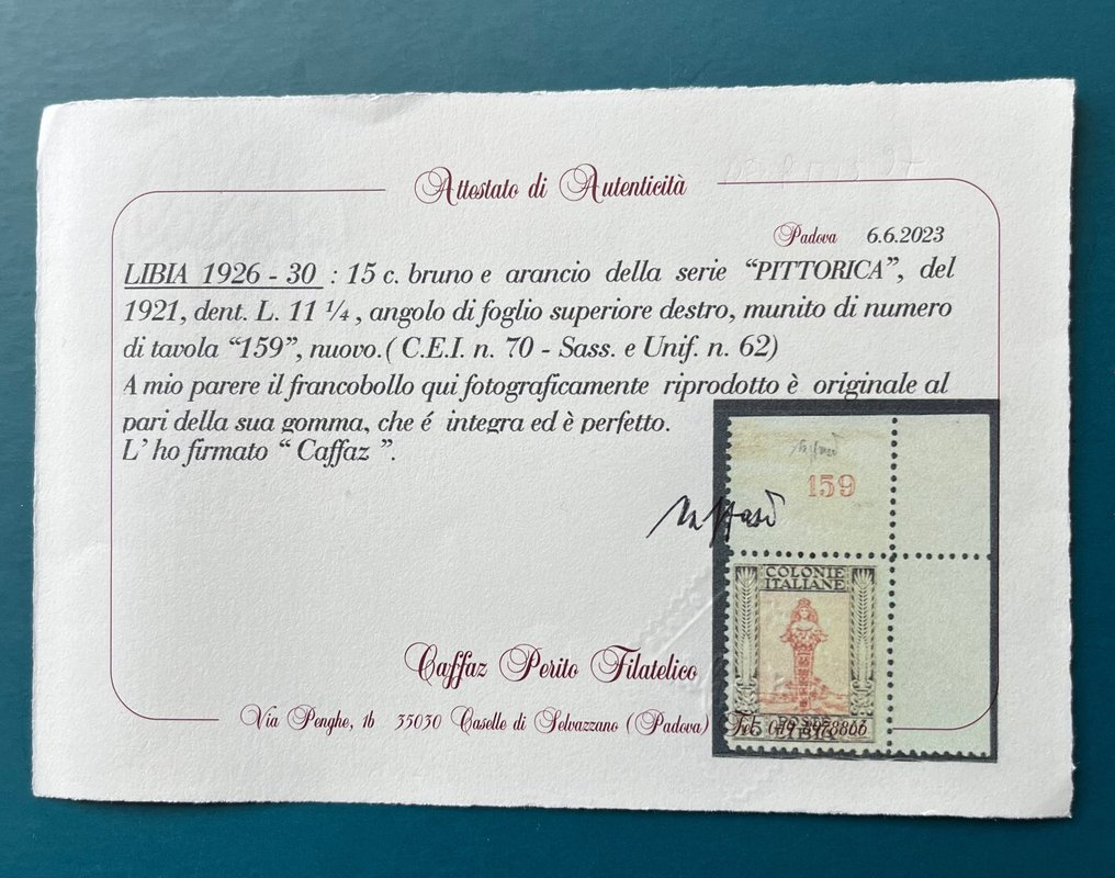 Italienisch-Libya 1926 - LIBYEN - 15 Cent. Bildserie von 1921, obere rechte Ecke mit Plattennummer 159 – Ausgezeichnet – #2.1
