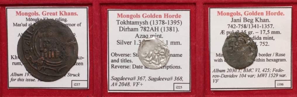 蒙古、金帐汗国. Mongke, Jani Beg, Tokhtamysh Khans. Lot of 3 rare coins 1251-1395 #3.1