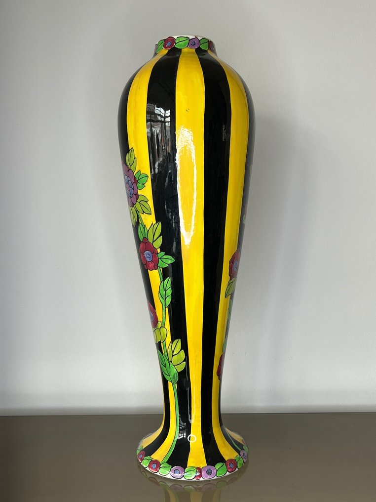 Boch Frères, Keramis, Keramis Boch - Charles Catteau - Vase -  Large Tall Opening Vase With Dahlias 45cm!  - Creamware #1.2