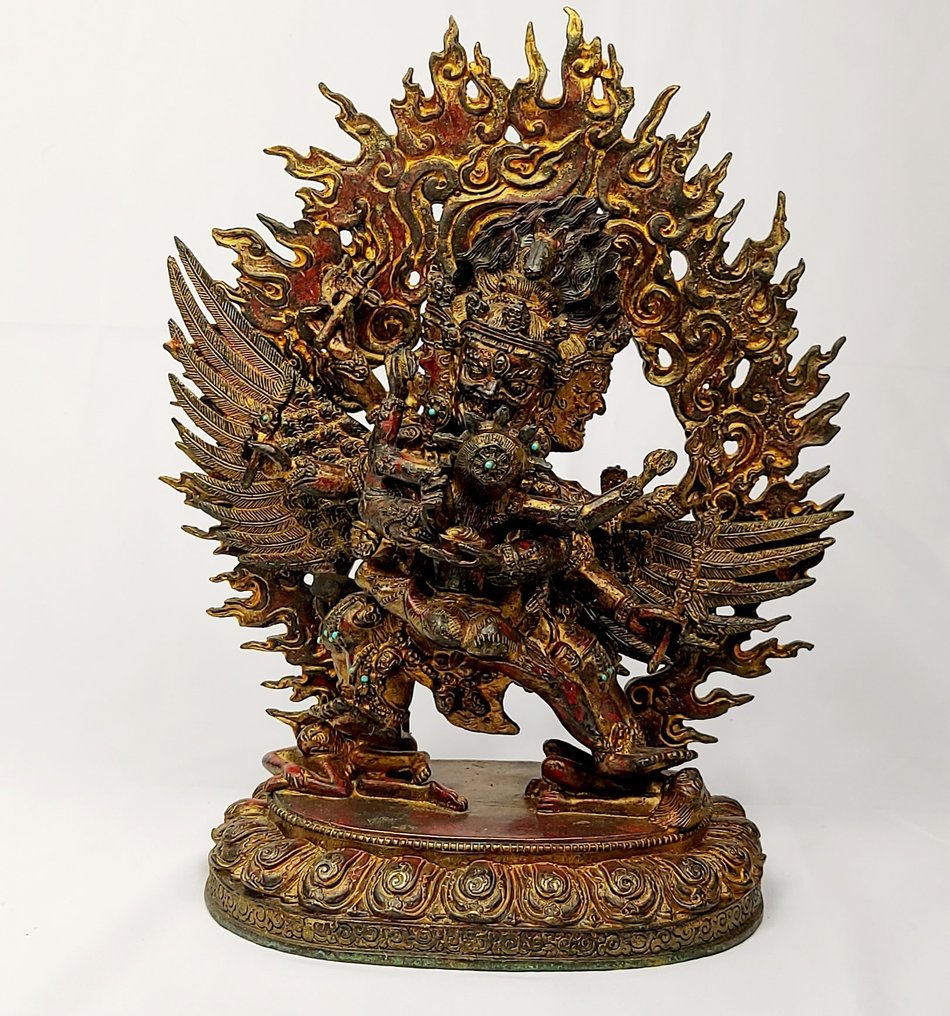 雕像 - 綠松石, 铜鎏金 - 大黑天, 菩薩 - Tantric Wrathful Buddhist Diety with Consort - 尼泊爾 - 20世紀 #1.1