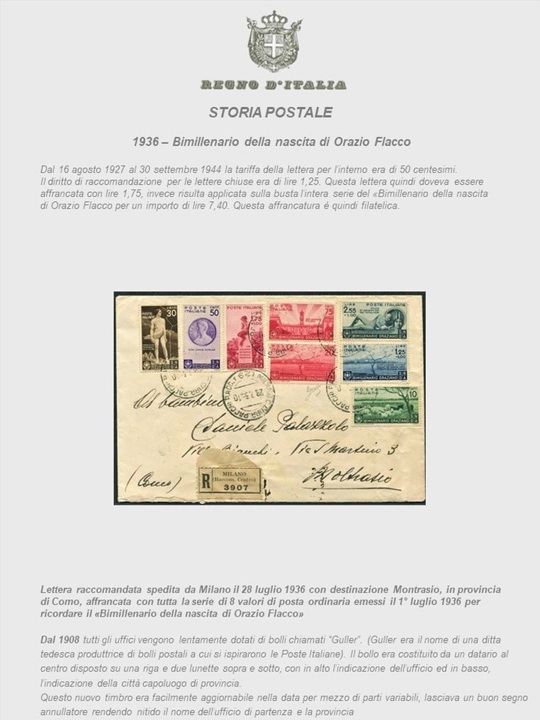Italian kuningaskunta  - Horatian Bimillennial, täydellinen tavallinen sarja rekisteröidyssä kirjekuoressa - Sassone NN. 398/405 #2.2