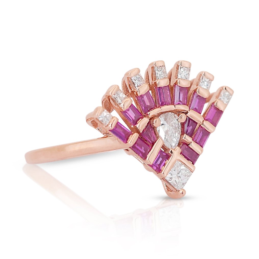 Ring - 18 kt. Rose gold -  1.02ct. tw. Diamond  (Natural) - Ruby - Art Deco Style #1.2