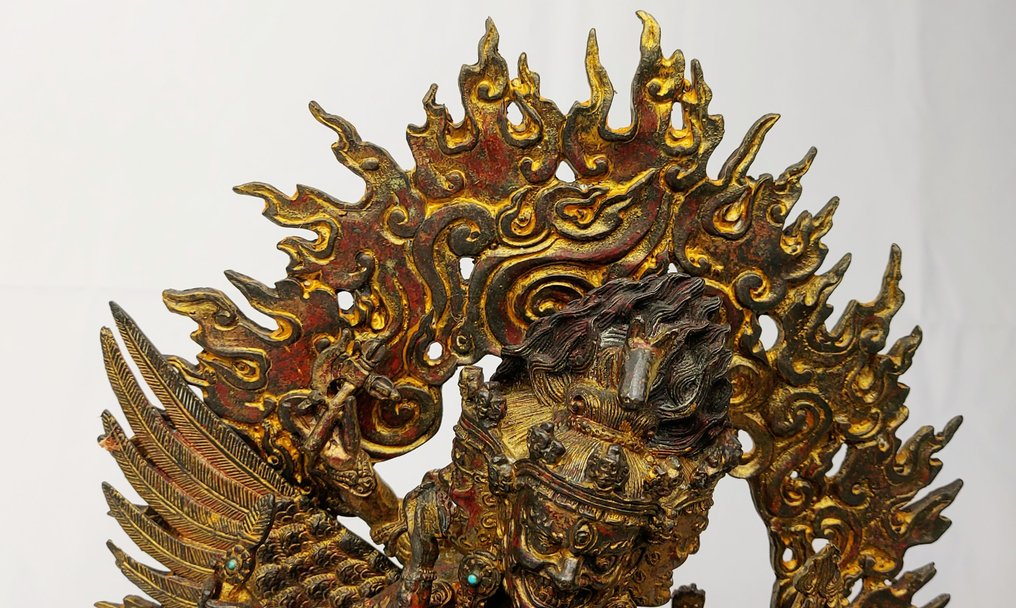 雕像 - 綠松石, 铜鎏金 - 大黑天, 菩薩 - Tantric Wrathful Buddhist Diety with Consort - 尼泊爾 - 20世紀 #2.1